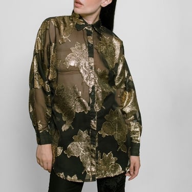 Maurada Black Sheer with Gold Floral Print Blouse 