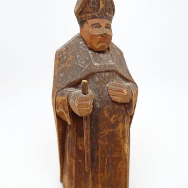 Antique German Hand Carved Hand Painted Wood Figure of Cardinal,  Saint Santos, Vintage Religious Folk Art Germany 