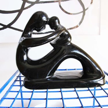 Vintage Abstract Mother Child Statue - Black Ceramic Motherhood Parenthood Figurine - Modern Minimalist Decor New Parent Gift 