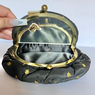 RARE Vintage Black and Gold Clutch, Vintage 50's Purse, Purse and Mirror Clutch, Fabric Purse, Signed Fabric Clutch, Collectors Clutch Bag 