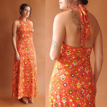 Vintage 70 Orange Floral Halter Maxi Dress/ Size Small 