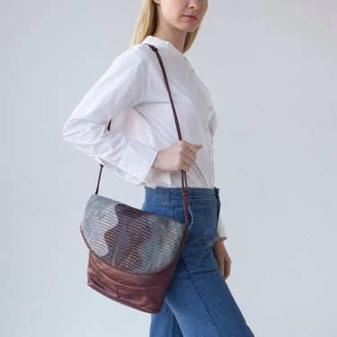 vintage burgandy & gray pleated leather shoulder bag 