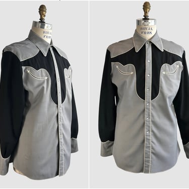 NATHAN TURK Vintage 50s Western Shirt | 1950s Two Tone Black & Gray Cowboy Shirt | Hollywood Designer, Rodeo, Rockabilly | Size Mens Large 