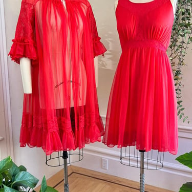 Vintage 1950s Peignoir Set | 50s Red Sheer Nylon Chiffon Lace Robe Sexy Pin Up Nightgown Nightie | small/medium/large 