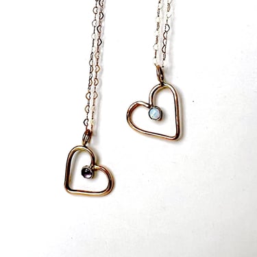 Custom Birthstone Heart Pendants in 14k goldfilled metal on a heart linked chain handmade valentine necklace one of a kind by Rachel Pfeffer 