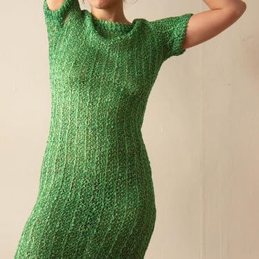 1950s Kelly Green Ribbon Crocheted Dress 