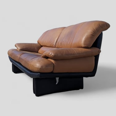 Postmodern Leather Sofa, Two Tone, Cognac, Black, Italian, MCM 