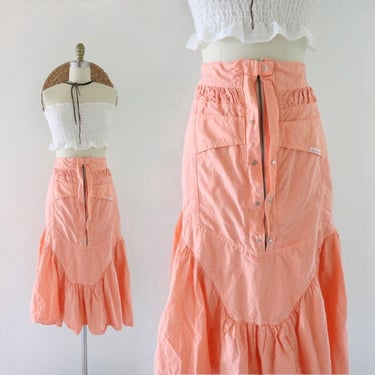 80s peach zip front skirt - 32-34 - vintage womens ruffle ruffled midi cute colorful skirt 