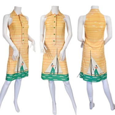 1970's Art Deco Sailing Novelty Print Yellow Nylon Dress I Sz Sm 