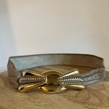 Vintage 90s Taupe Leather Gold & Silver Metallic Chunky Buckle Belt - Free Size 