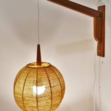 Teak Wall Arm Swivel Lamp w/ Jute Wrapped Globe Shade