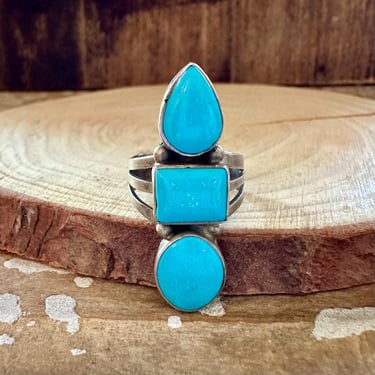 TRIO TURQUOISE SHAPES Sterling Silver Ring | Statement Jewelry | Native American, Navajo Southwestern | Size 8 