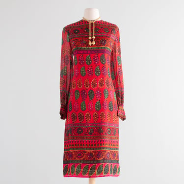 Gorgeous 1960's Adele Simpson Indian Silk Print Shift Dress / ML