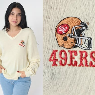 Vintage San Francisco 49ers Sweater 80s Logo 7 NFL Sweater Football NFL Cream V Neck Pullover 1980s Streetwear Large 