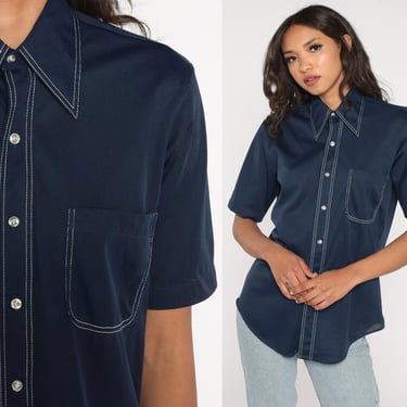 Navy Blue Shirt 70s Button Up Dagger Collar Top Retro Top Stitch Disco Shirt Collared Plain Short Sleeve Pocket Blouse Vintage 1970s Medium 