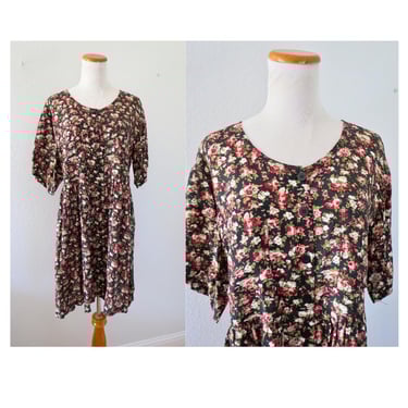 Vintage 90s Floral Dress - Black Flower Print Rayon Babydoll - Mini Boho Whimsigoth - Size Large 