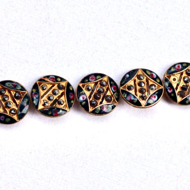 Five 19th C. Cut Steel Champlevé Cobalt Enamel Pierced Gold Gilt Antique Buttons - Matching Set 