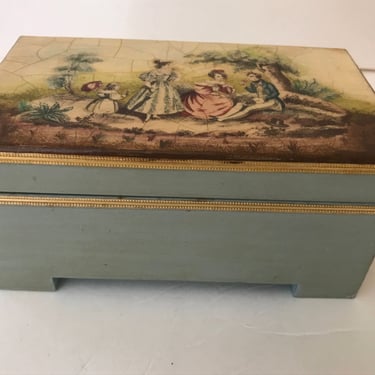 Vintage Courting Couple Victorian Scene  Music Jewelry  Box - Hand crafted by Scholten- Signed- Works- Plays Birthday Song 