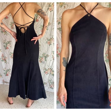 90s Midi Dress / Open Strappy Back Cut Outs / Little Navy Blue Black Dress / Nineties Dress / Mermaid Hemline Maxi Gown / Cocktail Dress 