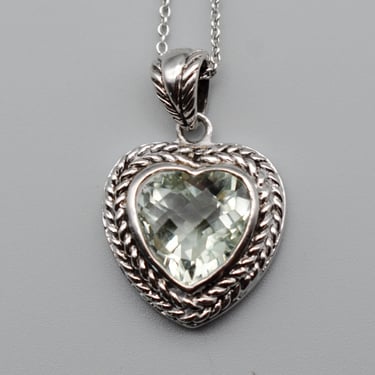 80's sterling green amethyst heart pendant, CI 925 silver prasiolite rolo chain sweetheart necklace 