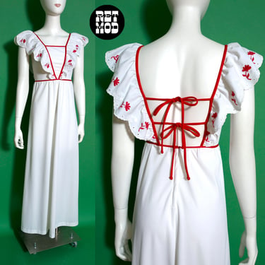 Lovely Vintage 70s White with Red Floral Embroidery Maxi Dress with Ruffles and Unique Back Ties 