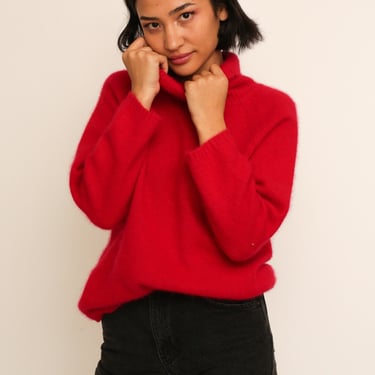 Vintage 1980s Bright Red Scarlet Mohair Wool Turtleneck Cropped Sweater 