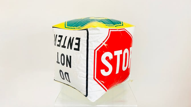 Vintage 1960s MOD Pop Art Inflatable Cube 1969 Dan Dee Imports Hong Kong Traffic Road Signs Groovy Hassock Sculpture 