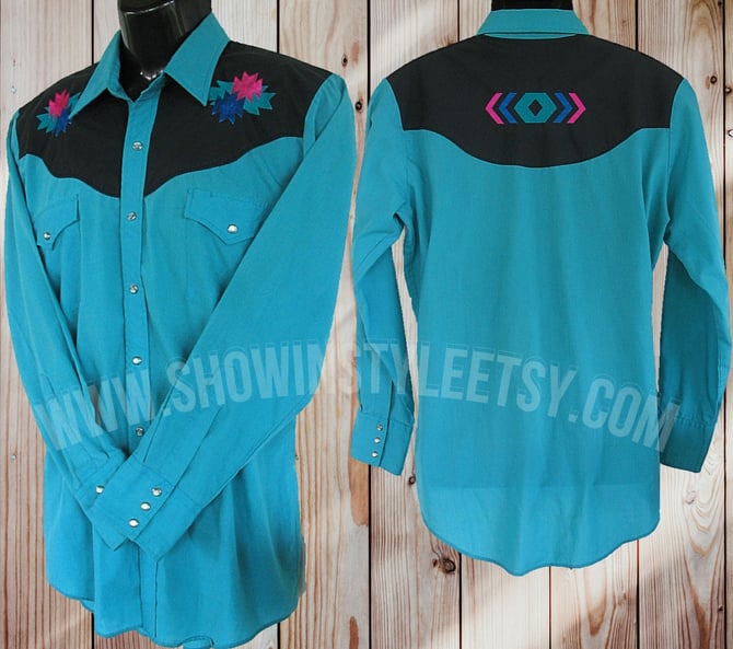 Vintage Men's Pearl Snap Long Sleeve Shirt Turquoise Embroidered Native American Design XL 1990s