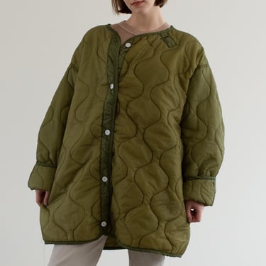 Vintage Long Green Liner Jacket White Buttons | Unisex Two Tone Quilted Nylon Coat | L XL | LI014 