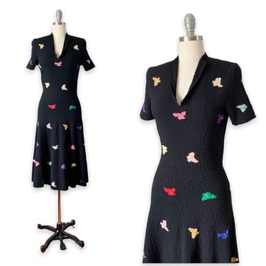 40s Colorful Butterfly Black & Gold Knit Boucle Wool Dress / 1940s Vintage Knit Set / Medium 