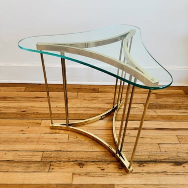 Triangular Brass and Glass Side Table