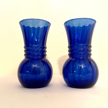 Vintage Cobalt Blue Glass Banded Swirl Vase By Anchor Hocking 