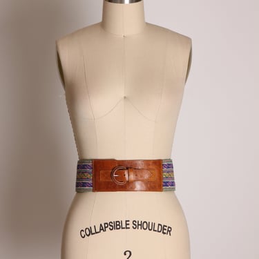 1960s 1970s Brown Leather Blue Woven Waist Cincher Style Belt 