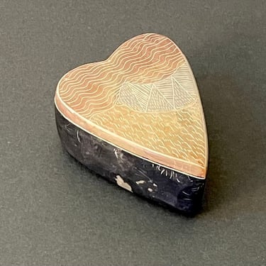 Vintage Hand Carved Soapstone Heart Shaped Trinket Box with Geometric Pattern Made in Kenya 