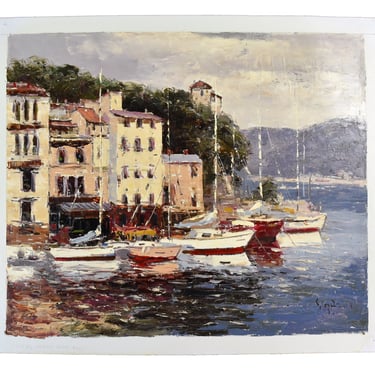 Impressionist Oil Painting Village Alongside Harbor with Sailboats 