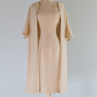 Glamorous 1960's Gold Lurex Cheongsam Dress With Matching Coat / Med.
