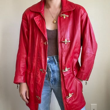 Vintage 90s Womens Andrew Marc Bright Red Soft Leather Claw Clasp Jacket Sz 8 