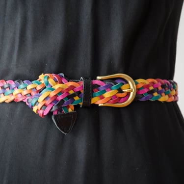 braided leather belt | 80s 90s vintage rainbow multicolored woven belt 