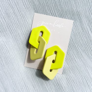 Two Tone Geometric Links in chartreuse | Lightweight Polymer Clay Earrings, Hypoallergenic Nickel Free Posts, Handmade Jewelry 