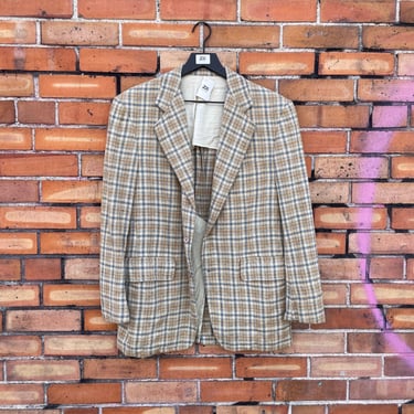 vintage 70s brown beige wool plaid sports coat blazer / l large 