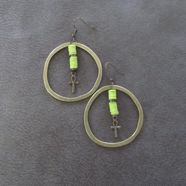 Bronze ankh hoop earrings, green 2 