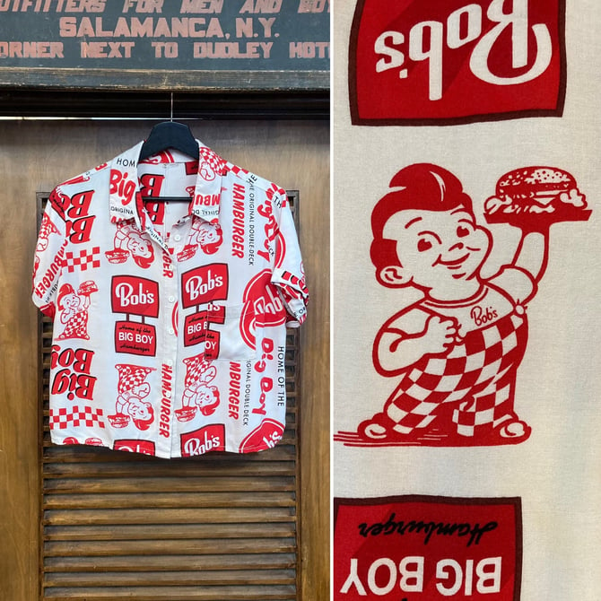 Vintage 1980’s Bob’s Big Boy Cropped New Wave Pop Art Shirt Top, 80’s Button Down, Vintage Clothing 