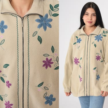 Fleece Jacket 90s Floral Embroidered Beige Zip Up Vintage Alfred DunnerLong Sleeve Women's Outerwear Cardigan Sweater Large 