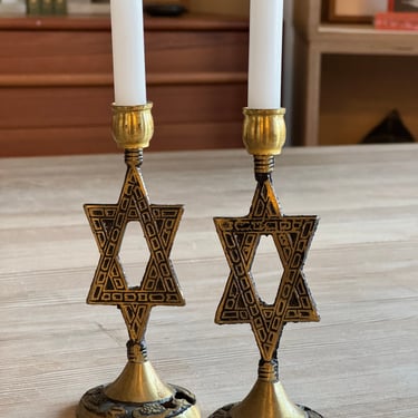 Pair of Star of David Brass Candle Holders