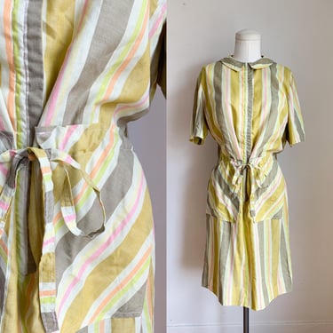 Vintage 1960s Yellow Candy Striped Day Dress / M 