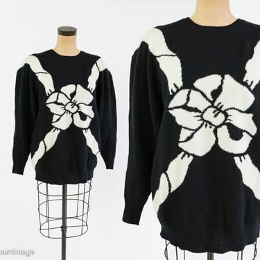 1980s Black White Bow Sweater | 80s Black Wool Bow Sweater | Large 