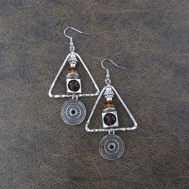 Hammered silver triangle and amber glass earrings 