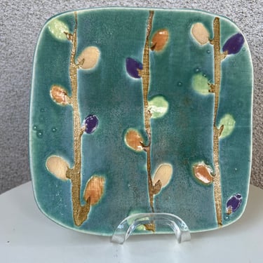 Vintage studio art pottery platter tray square with feet floral theme signed 