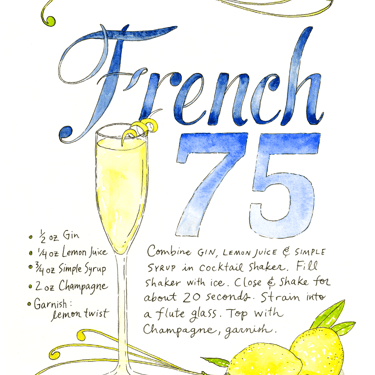French 75 Cocktail Recipe Watercolor Art Print