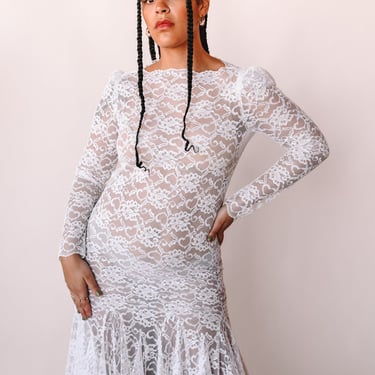 1980s Sheer Lace Mermaid Bridal Dress, sz. L